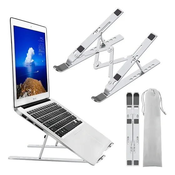Suporte Hytalux de alumínio dobrável para notebook com seis posições.