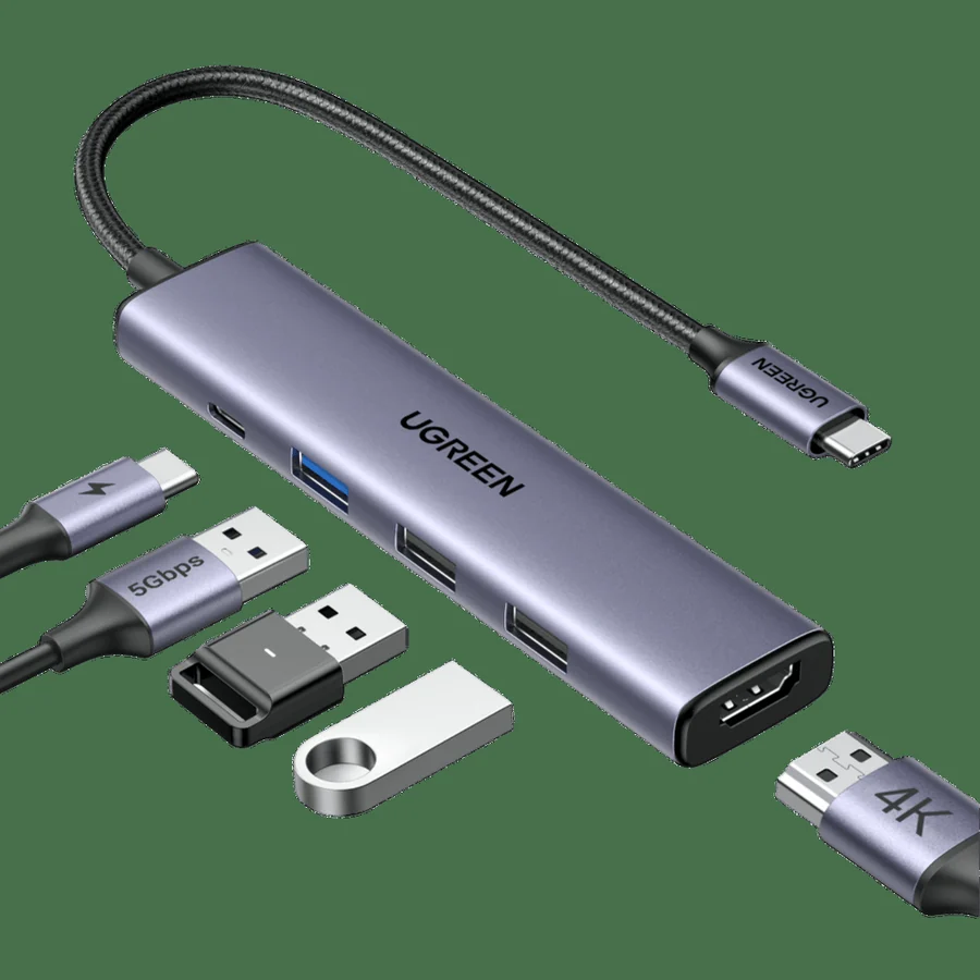 Hub UGREEN Revodok 5 em 1 com HDMI, três portas USB-A e USB-C Power Delivery.