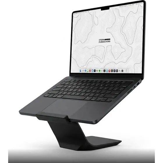 Suporte ASONX preto minimalista e ventilado para notebook.