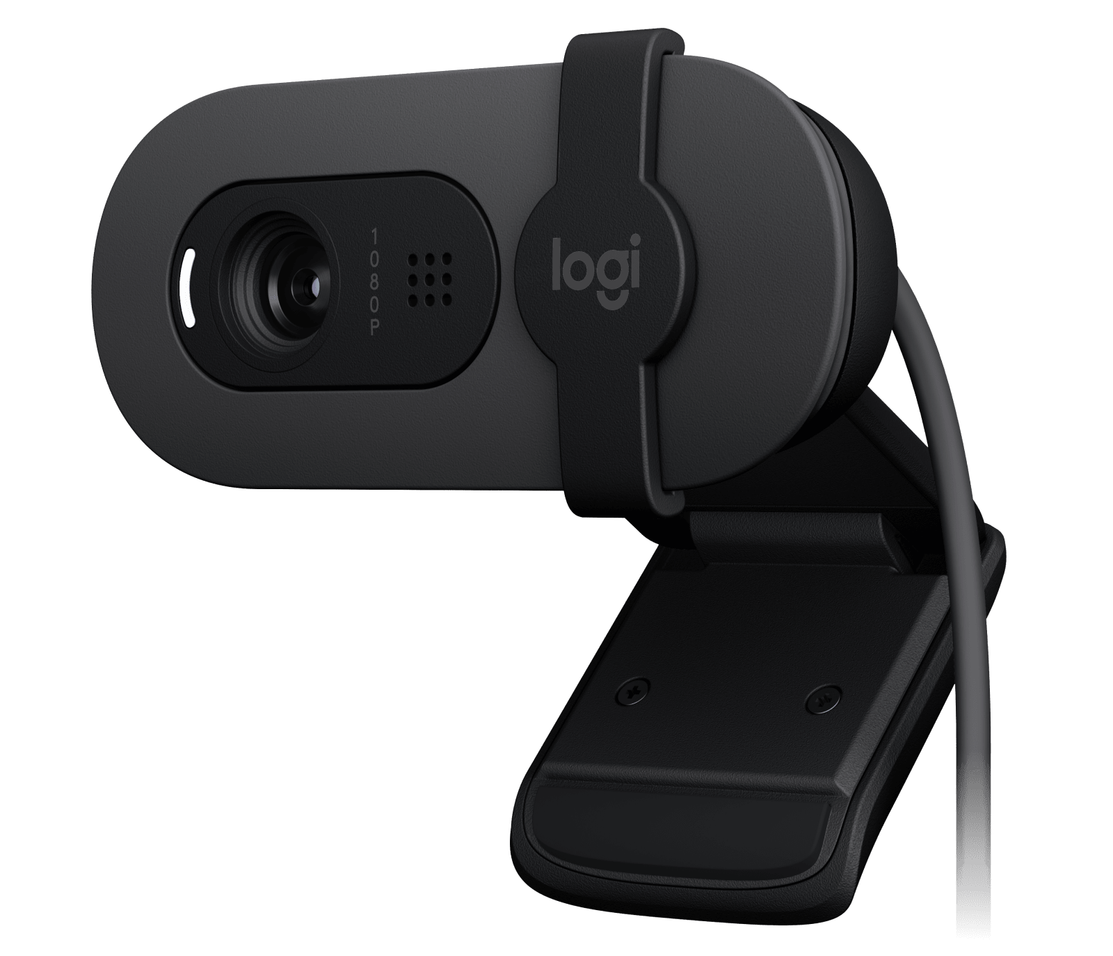 Webcam Logitech Brio 100 grafite vista de frente.