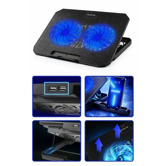 Base Davely articulada para notebook com ventoinhas e suporte para celular.