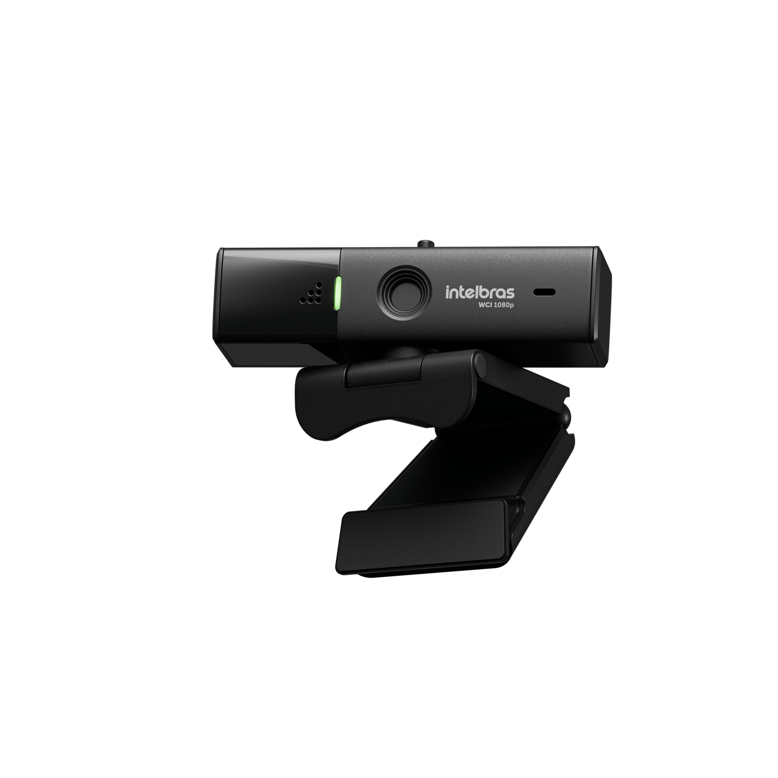 Webcam Intelbras WCI 1080p preta com indicador luminoso.