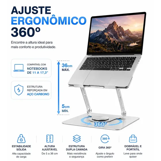 Suporte de mesa QueroCase em metal para notebook com rotação de 360 graus.