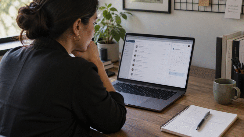 Profissional diante de um notebook com interface ilustrativa de atendimento e agenda.