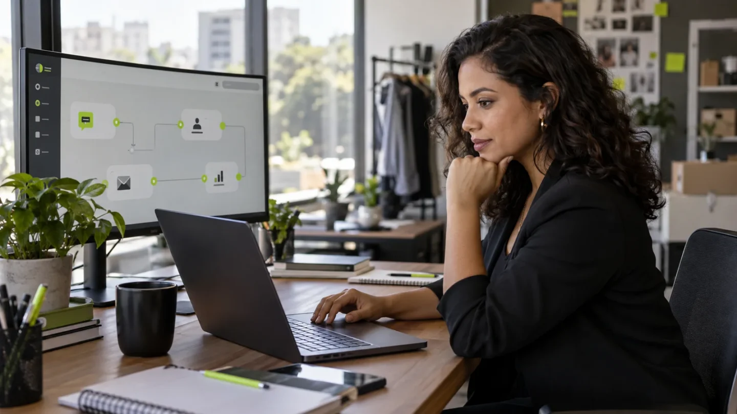 Empresária usando notebook ao lado de uma tela com fluxo de automação para atendimento, CRM, e-mail e relatórios.