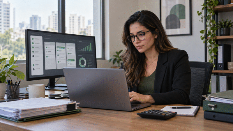 Profissional de contabilidade usando um notebook diante de um painel de tarefas em um escritório moderno.