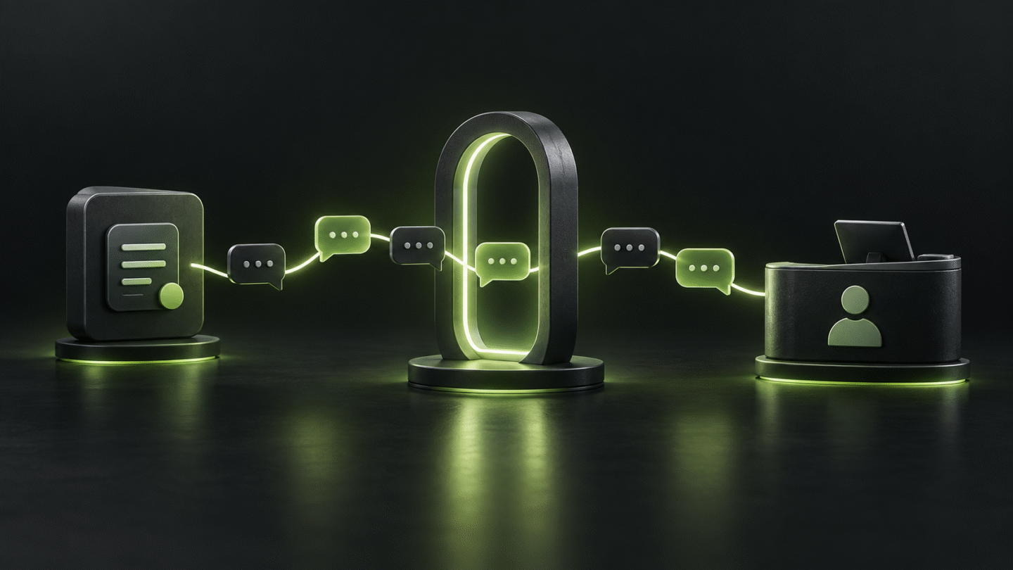 Conversa passando por um portal iluminado entre a automação e o atendimento humano