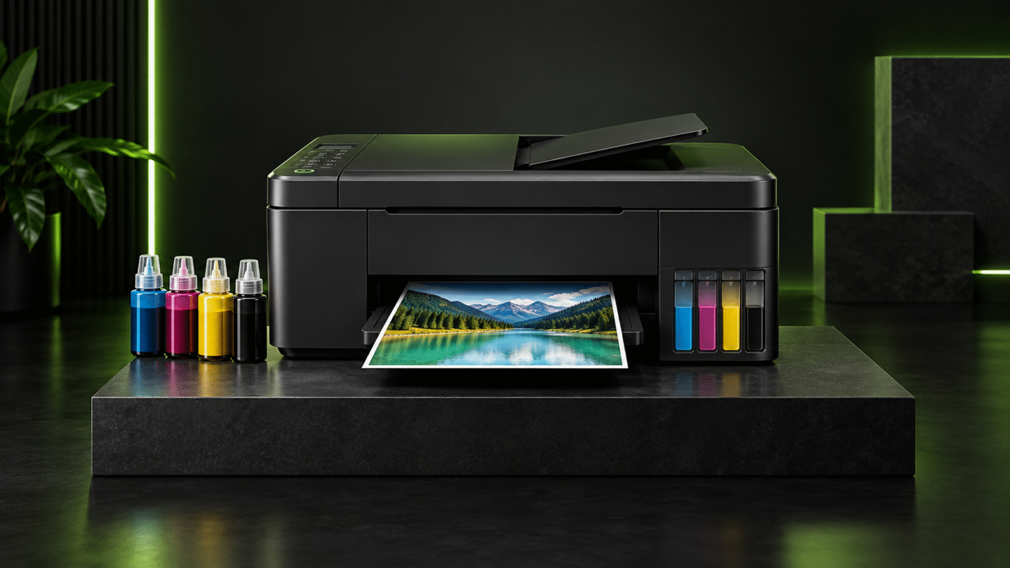 Impressora tanque de tinta sem marca com garrafas de tinta coloridas em fundo escuro