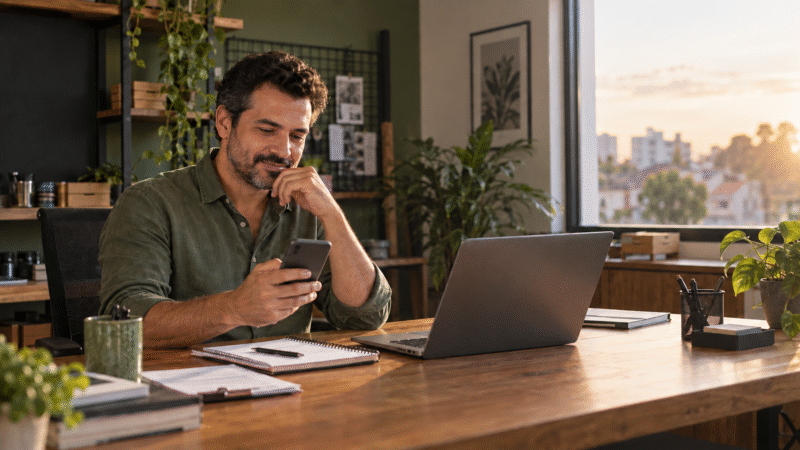 Empreendedor organizando atendimentos pelo celular e notebook em pequeno negócio.