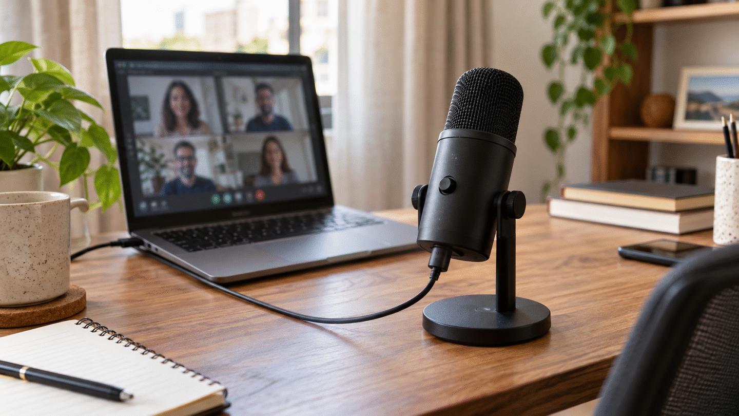 7 microfones USB do Mercado Livre para reuniões, aulas e gravações 1 Microfone USB de mesa ao lado de um notebook preparado para uma videochamada.