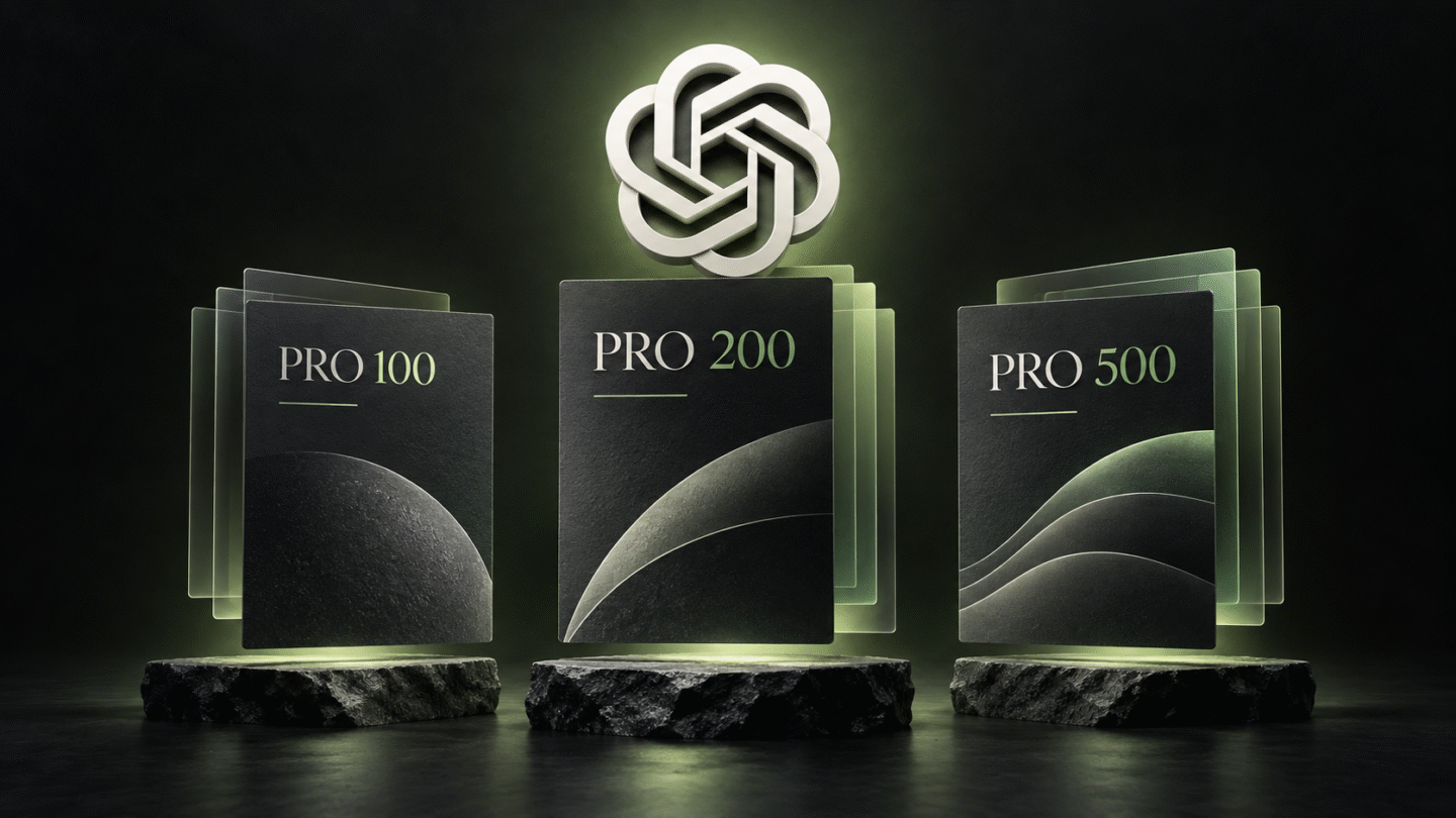 ChatGPT Pro 100, Pro 200 e Pro 500 em ilustração editorial comparativa