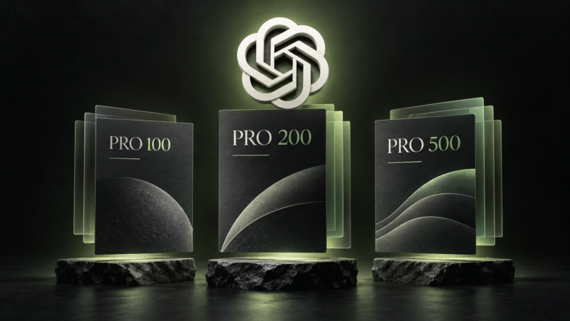 ChatGPT Pro 100, Pro 200 e Pro 500 em ilustração editorial comparativa