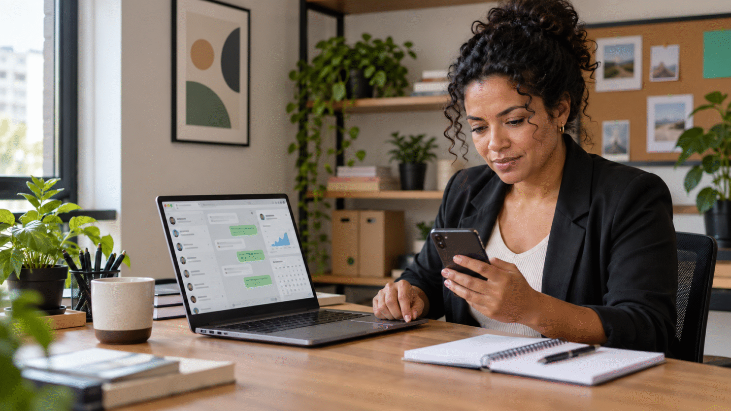 Profissional acompanhando conversas de atendimento em um notebook e um smartphone no escritório.