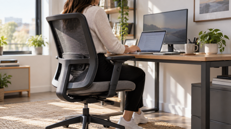 Pessoa trabalhando em um home office moderno, sentada em uma cadeira de escritório ergonômica com encosto mesh e suporte lombar.
