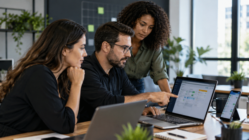 Equipe comercial analisando leads, mensagens e tarefas em telas de notebook dentro de um escritório moderno.
