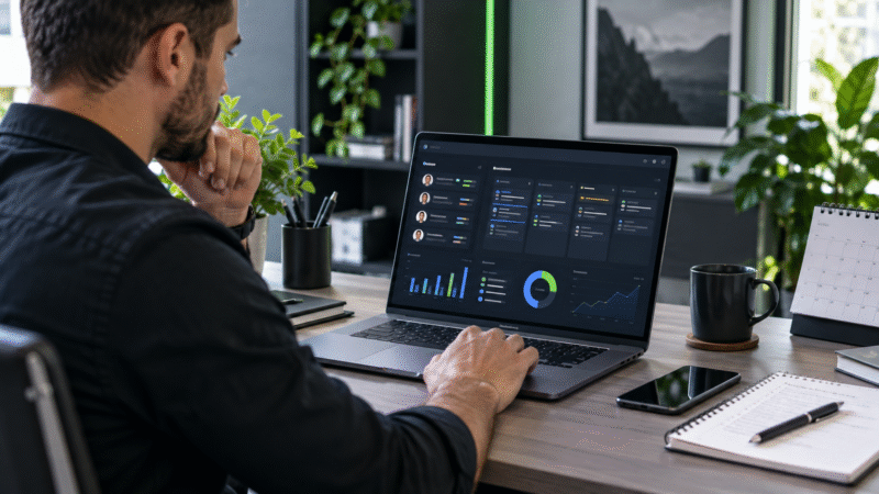 Profissional acompanhando tarefas de pós-venda e feedback de clientes em um notebook em ambiente corporativo.