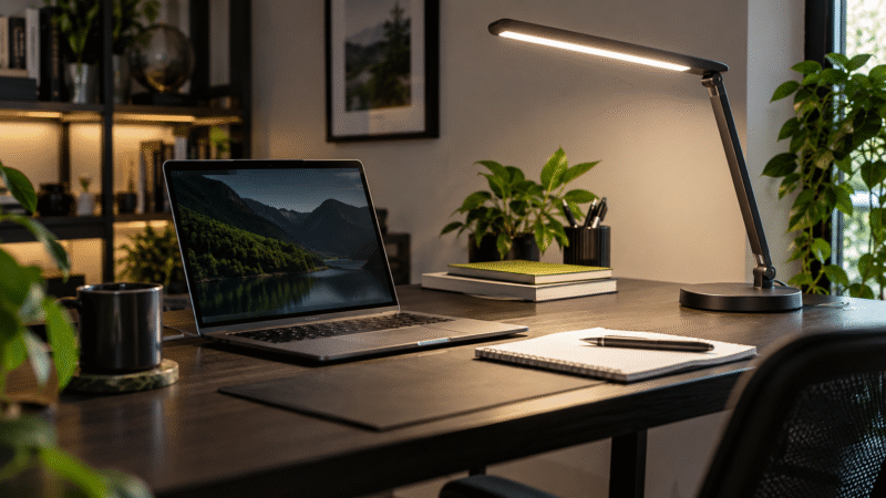 Luminária de mesa moderna com luz LED em um escritório organizado com notebook, caderno e livros.