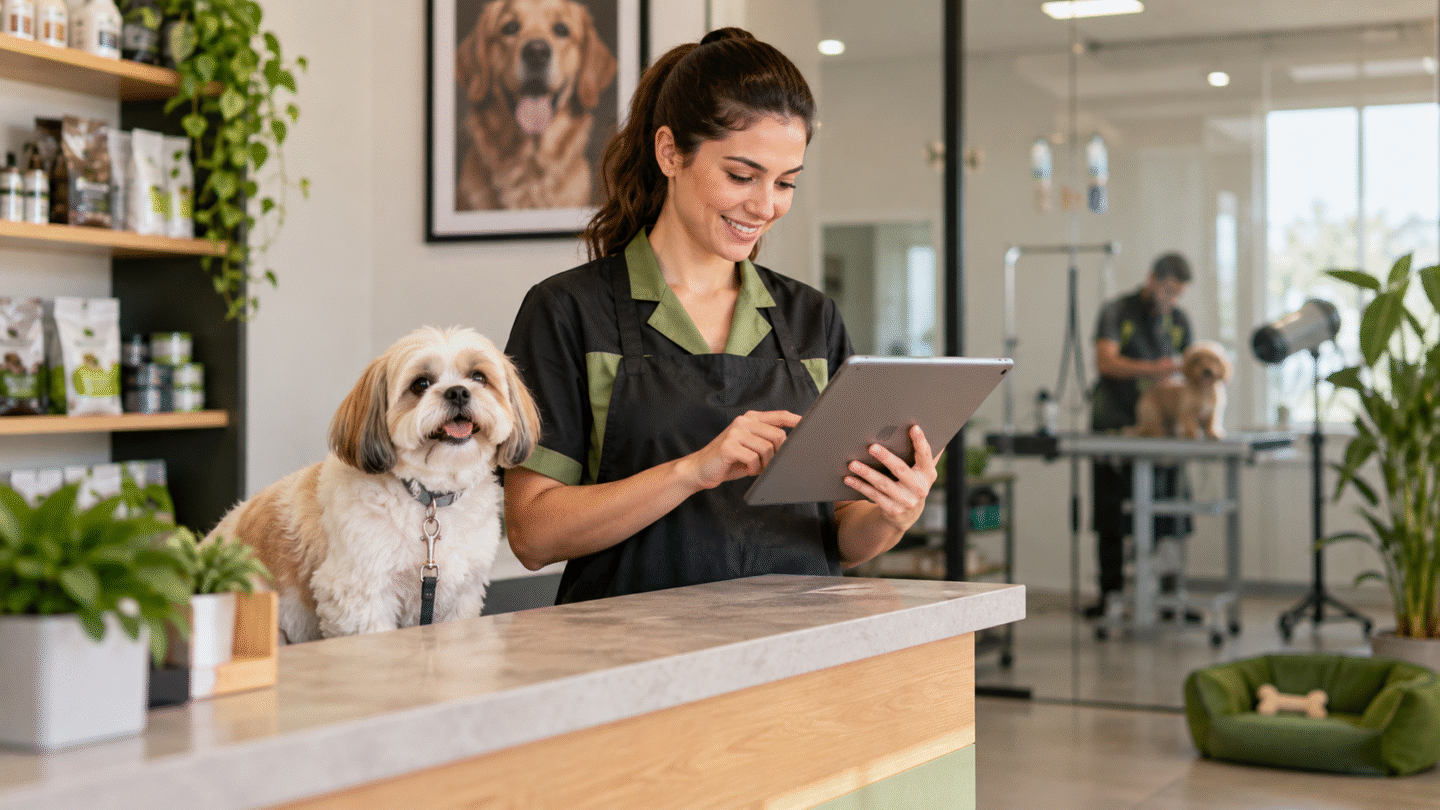 Atendente de pet shop organizando agenda e atendimento com automação em tablet