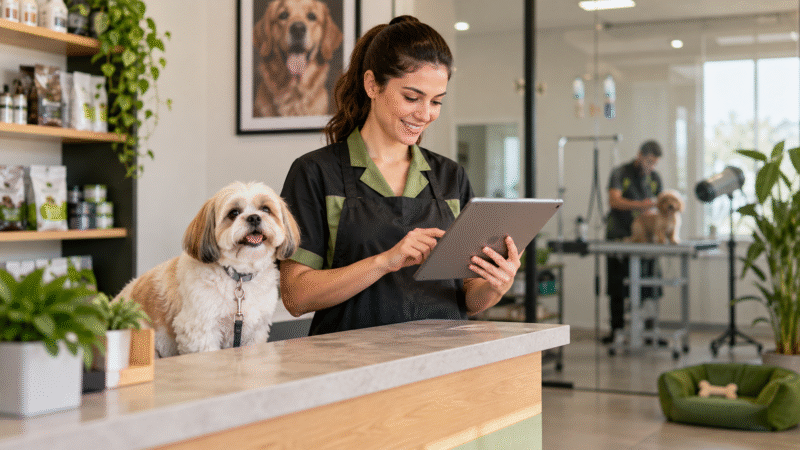 Atendente de pet shop organizando agenda e atendimento com automação em tablet