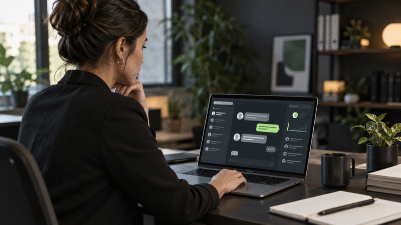 Profissional analisando atendimento com IA em um notebook, com interface de chat e indicadores de suporte em uma mesa de trabalho realista.