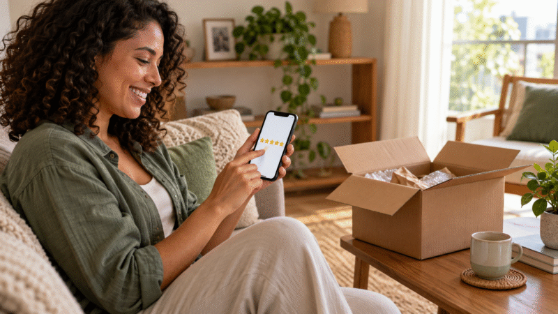 Cliente respondendo a uma pesquisa de satisfação no celular com cinco estrelas após receber um pedido