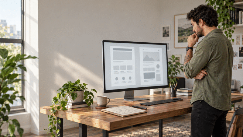 Designer comparando wireframes de site gerados por inteligência artificial