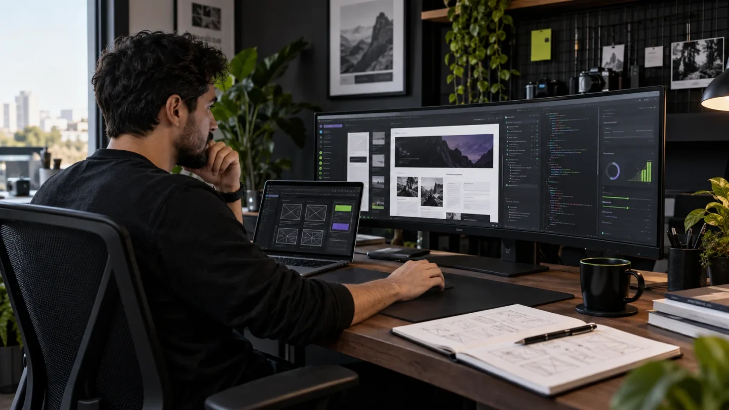 Web designer trabalhando em um monitor com wireframes, código e painel de criação de sites com inteligência artificial.