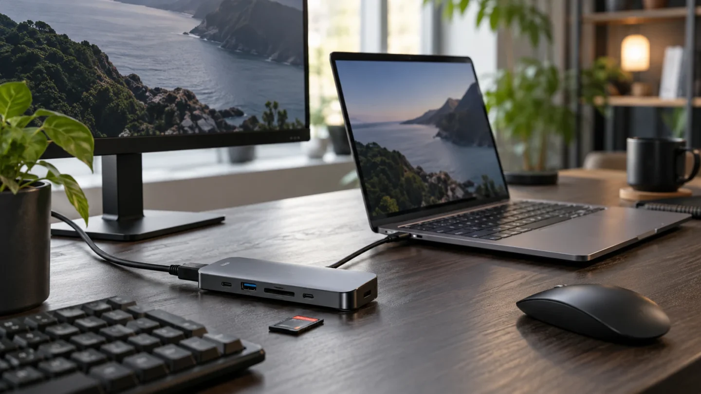 Notebook ligado a monitor e periféricos por um hub USB-C metálico em uma mesa de home office.