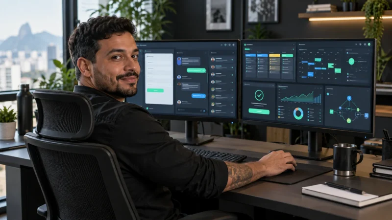 Profissional diante de monitores com formulário, atendimento, CRM, agenda, métricas e fluxo de automação integrados ao site.