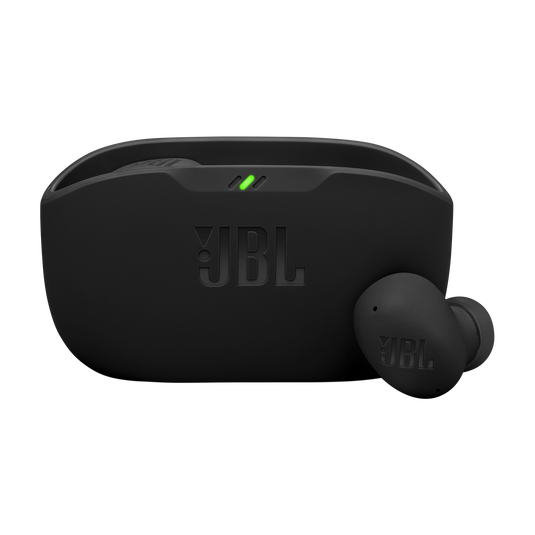 JBL Wave Buds 2 preto com estojo de carregamento e fones.