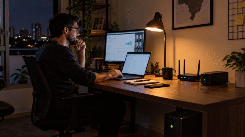 Pessoa trabalhando em home office à noite com roteador, mini nobreak e nobreak ligados na mesa.