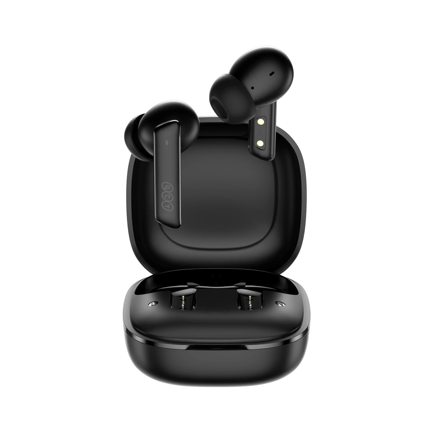 QCY MeloBuds HT05 preto com fones e estojo aberto.