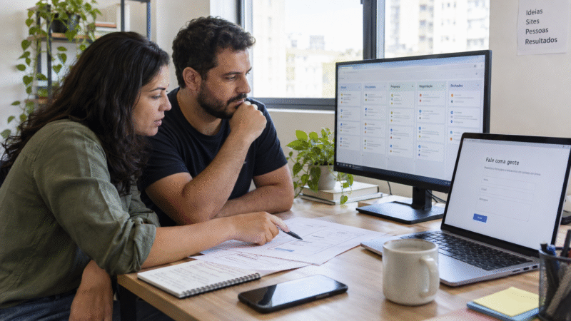 Como planejar um site que conecta formulários, CRM e atendimento 2 Dois profissionais planejam um formulário ao lado de telas com site e CRM ilustrativos.