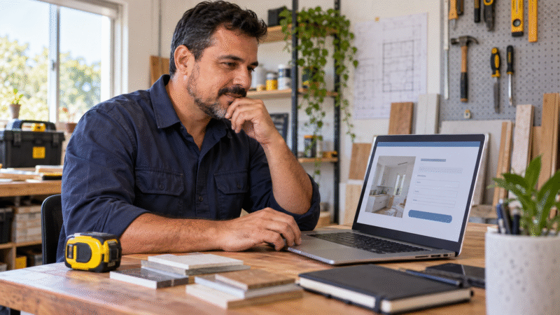 8 recursos que um site de prestador de serviços precisa para gerar pedidos de orçamento 1 Prestador de serviços analisando um pedido de orçamento no notebook em um escritório de oficina organizado.