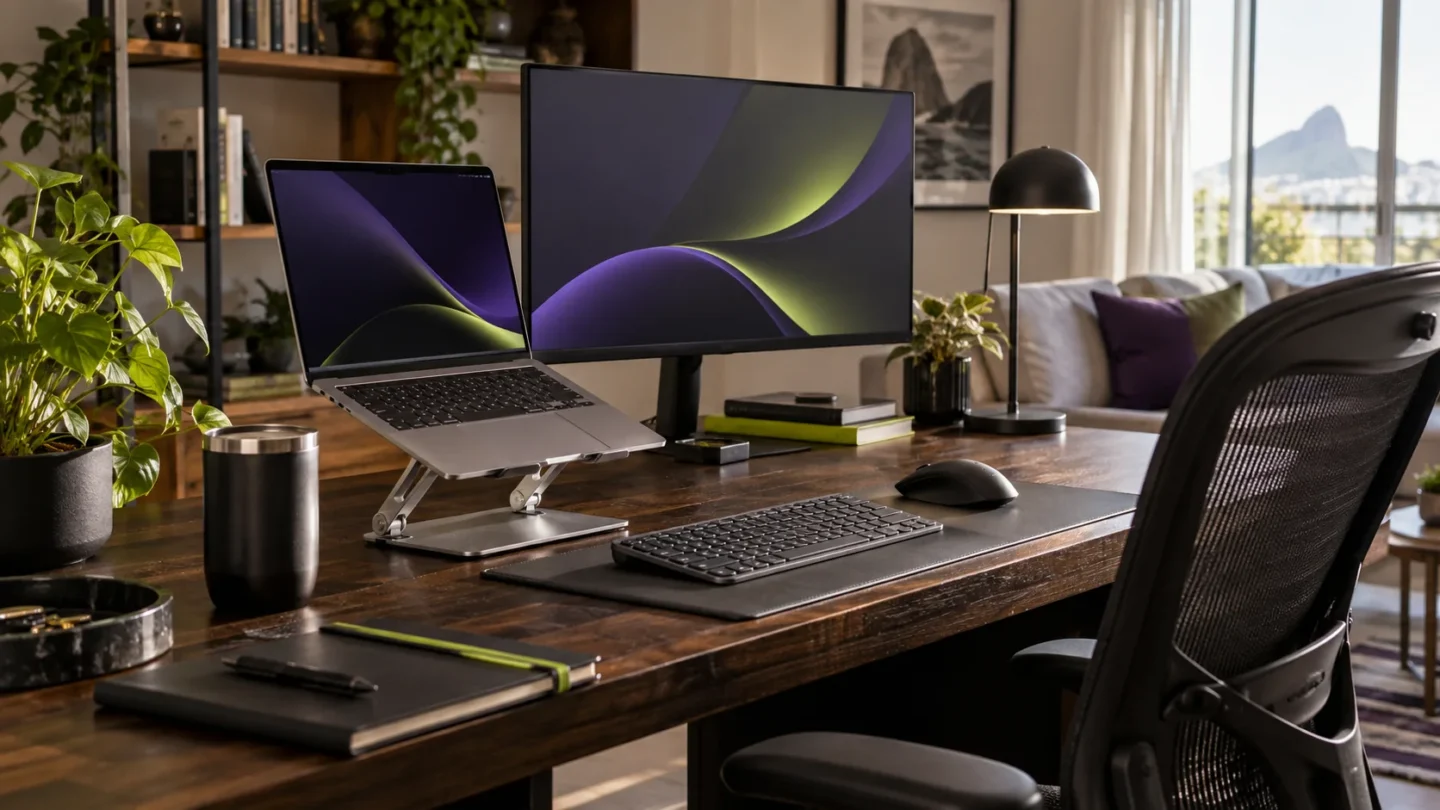 Notebook elevado em suporte ajustável sobre uma mesa organizada de home office com monitor, teclado e mouse externos.