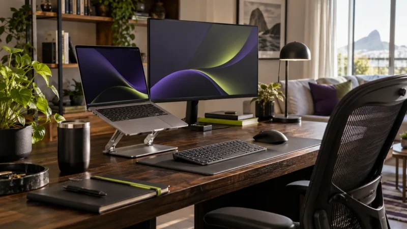 Notebook elevado em suporte ajustável sobre uma mesa organizada de home office com monitor, teclado e mouse externos.