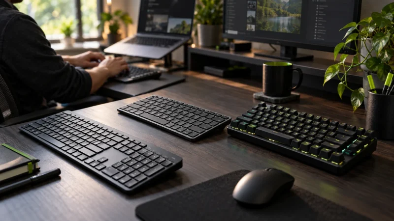 Três teclados sem fio de formatos completo, compacto e mecânico sobre uma mesa de home office.