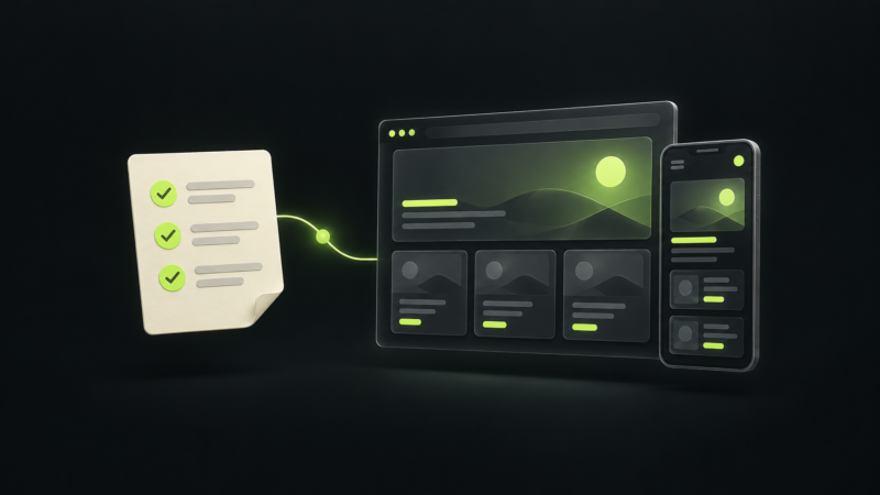 IA para design de interface: briefing conectado a layouts de desktop e celular.