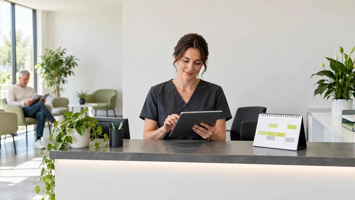 Recepcionista de clínica usando tablet ao lado de calendário com horários organizados