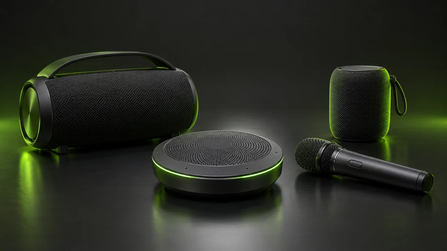 Speakerphone de mesa e caixas de som portáteis com microfone em composição editorial escura