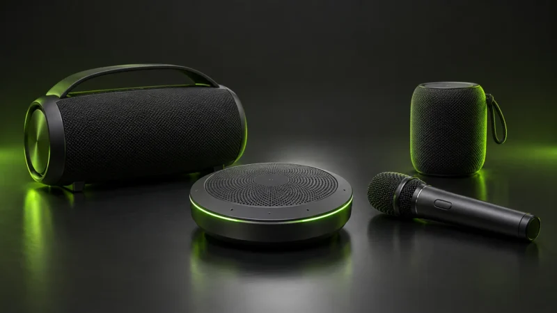 Speakerphone de mesa e caixas de som portáteis com microfone em composição editorial escura