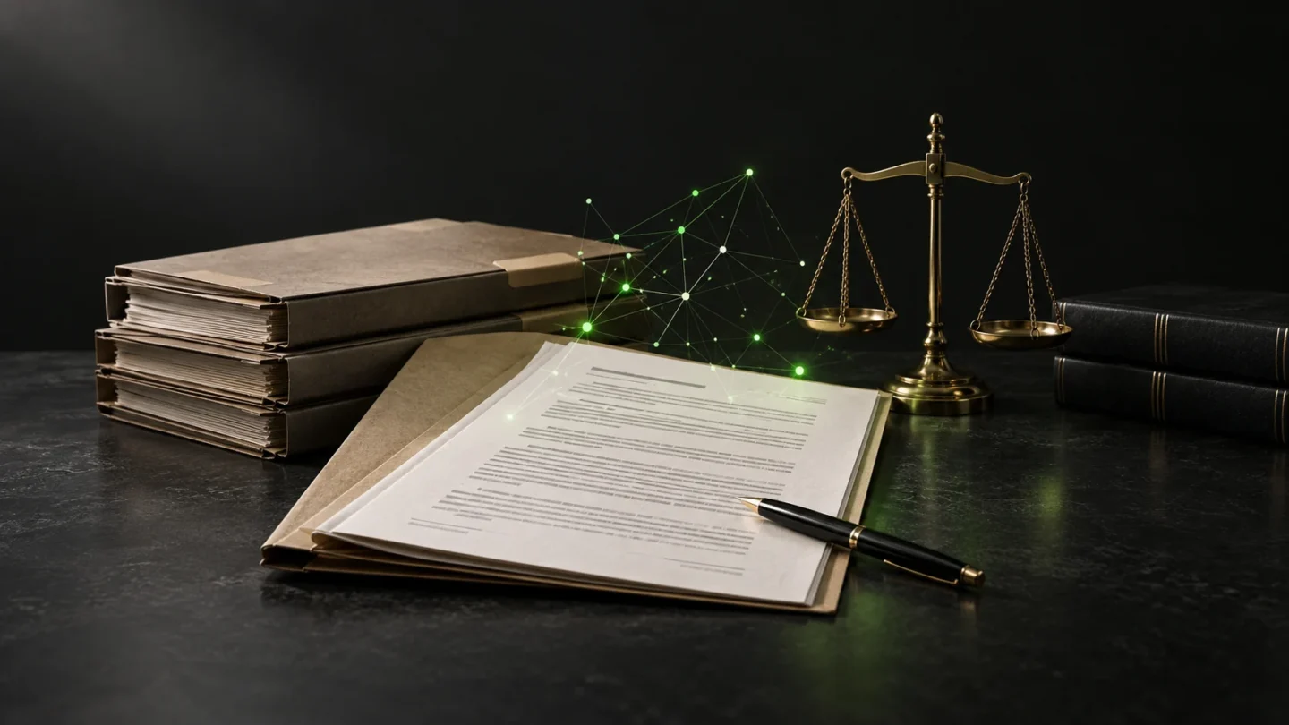 IA para escritórios de advocacia: 6 usos práticos com supervisão 1 Documentos jurídicos e representação visual de inteligência artificial