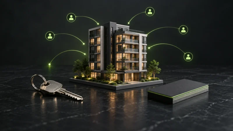 Maquete de edifício e chaves com representação visual de conexões entre leads imobiliários