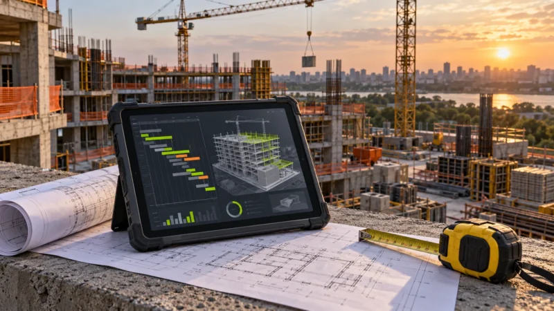 Canteiro de obras com tablet exibindo modelo de edifício e cronograma ilustrativo