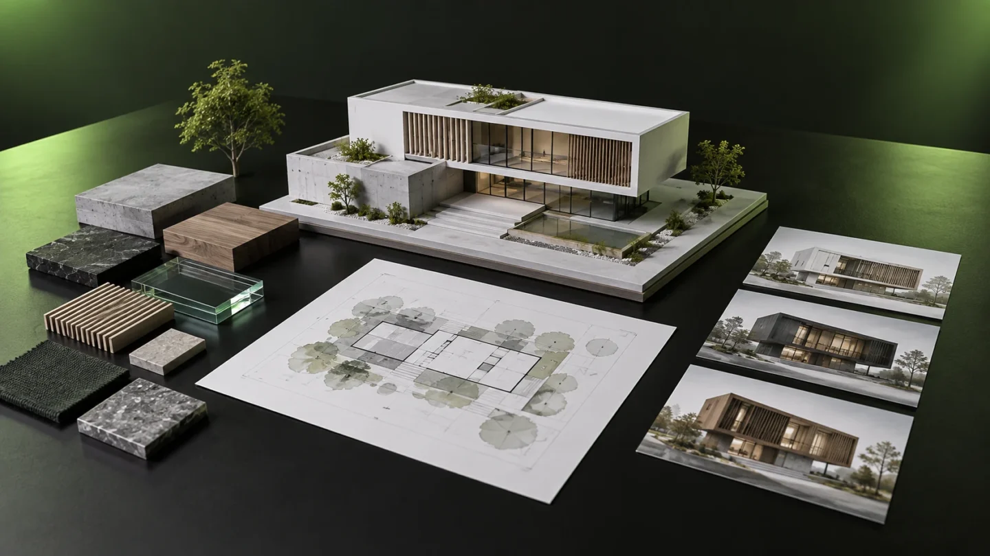 Maquete arquitetônica branca cercada por plantas, materiais e imagens conceituais sobre mesa escura
