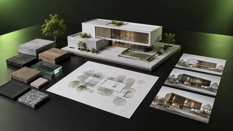 Maquete arquitetônica branca cercada por plantas, materiais e imagens conceituais sobre mesa escura